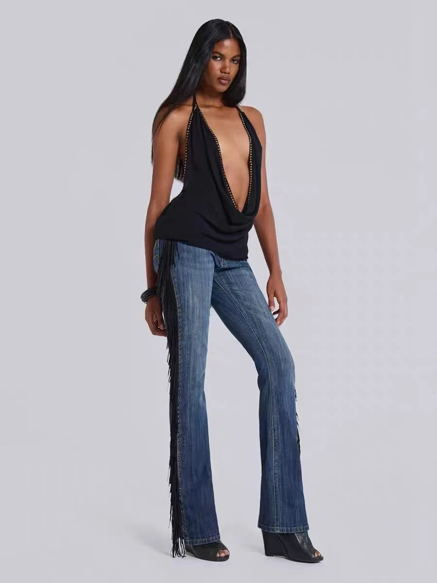 Black Deep V-neck Open Back Top
