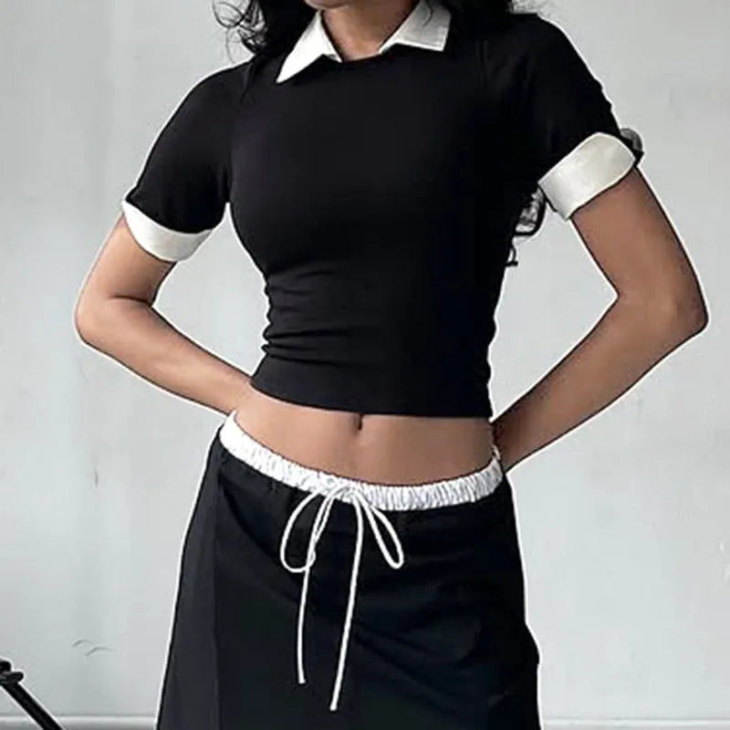 Black T-shirt Two Tone Collar Top