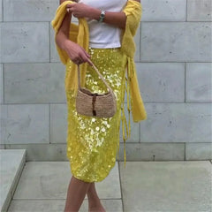 Sequin Side Split Tie Up Midi Skirt