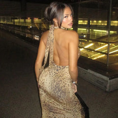 Halter Leopard Open Back Maxi Dress