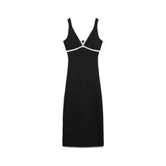Black Contrasting V-neck Knitted Long Dress