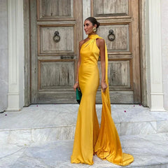 Satin Long Draped Halter Maxi Dress