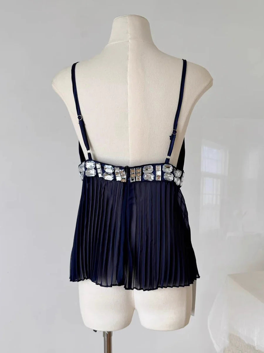 Beaded V-Neck Pleated Top