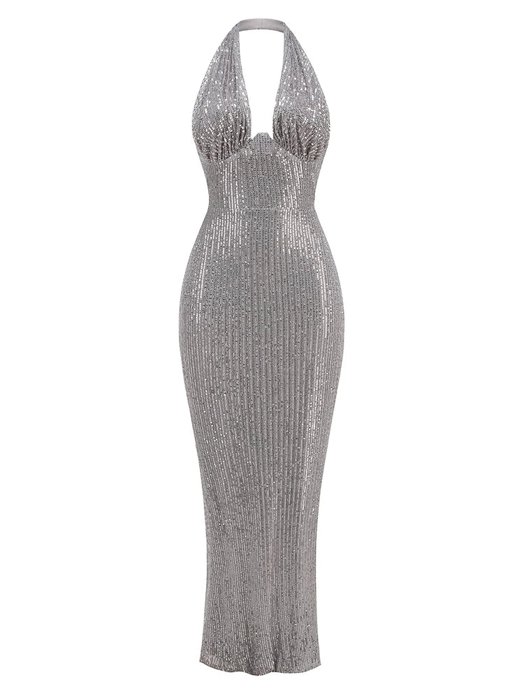 Sequin Halter Deep Neck Maxi Dress