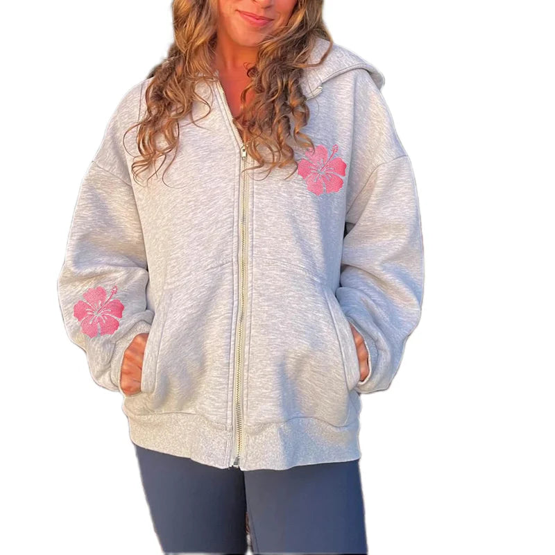 Grey Floral Print Zip-up Oversized Hoodie