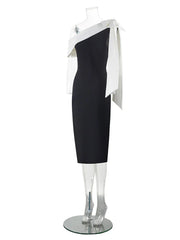 Black One Shoulder Contrast Tie Up  Midi Dress