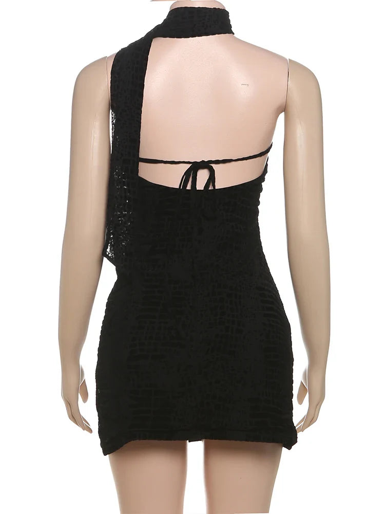 Black Halter Draped Mini Dress