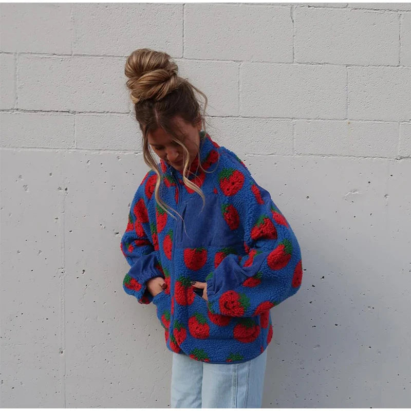 Printed Plush Zipper Short Jacket