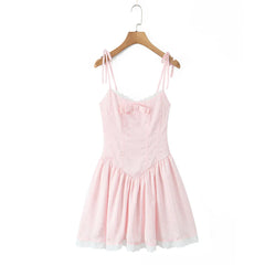 Tie Up Bow Lace Trim Flare Mini Dress