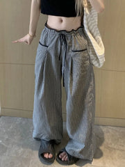 Black Plaid Drawstring Wide Leg Palazzo Pants