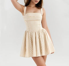 Khaki Plaid Strap Square Neck Mini Dress