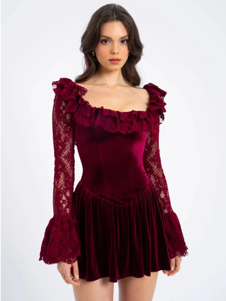 Red Velvet Long Sleeve Flare Mini Dress