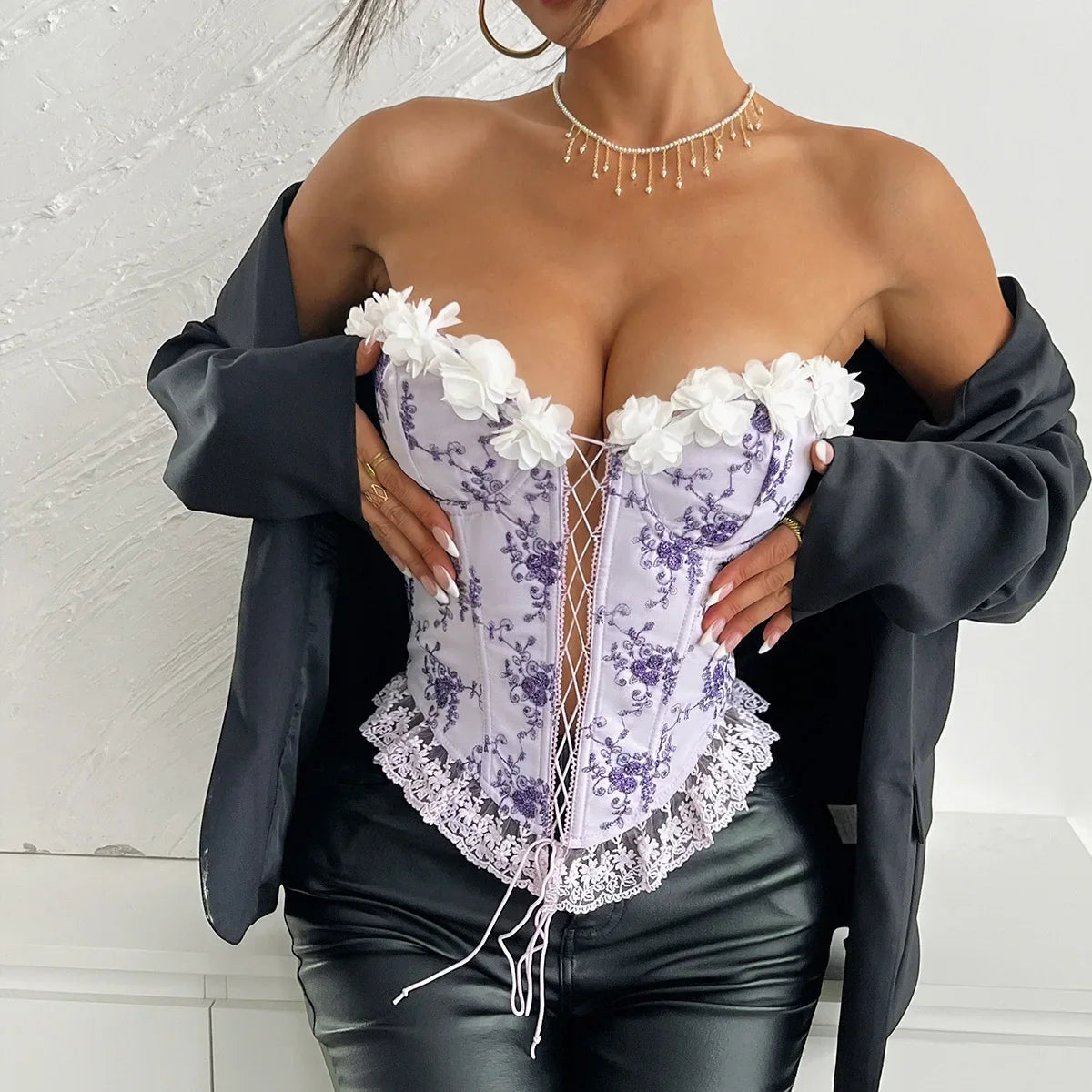 3D Flower Bandeau Cross Tie-up Corset Top