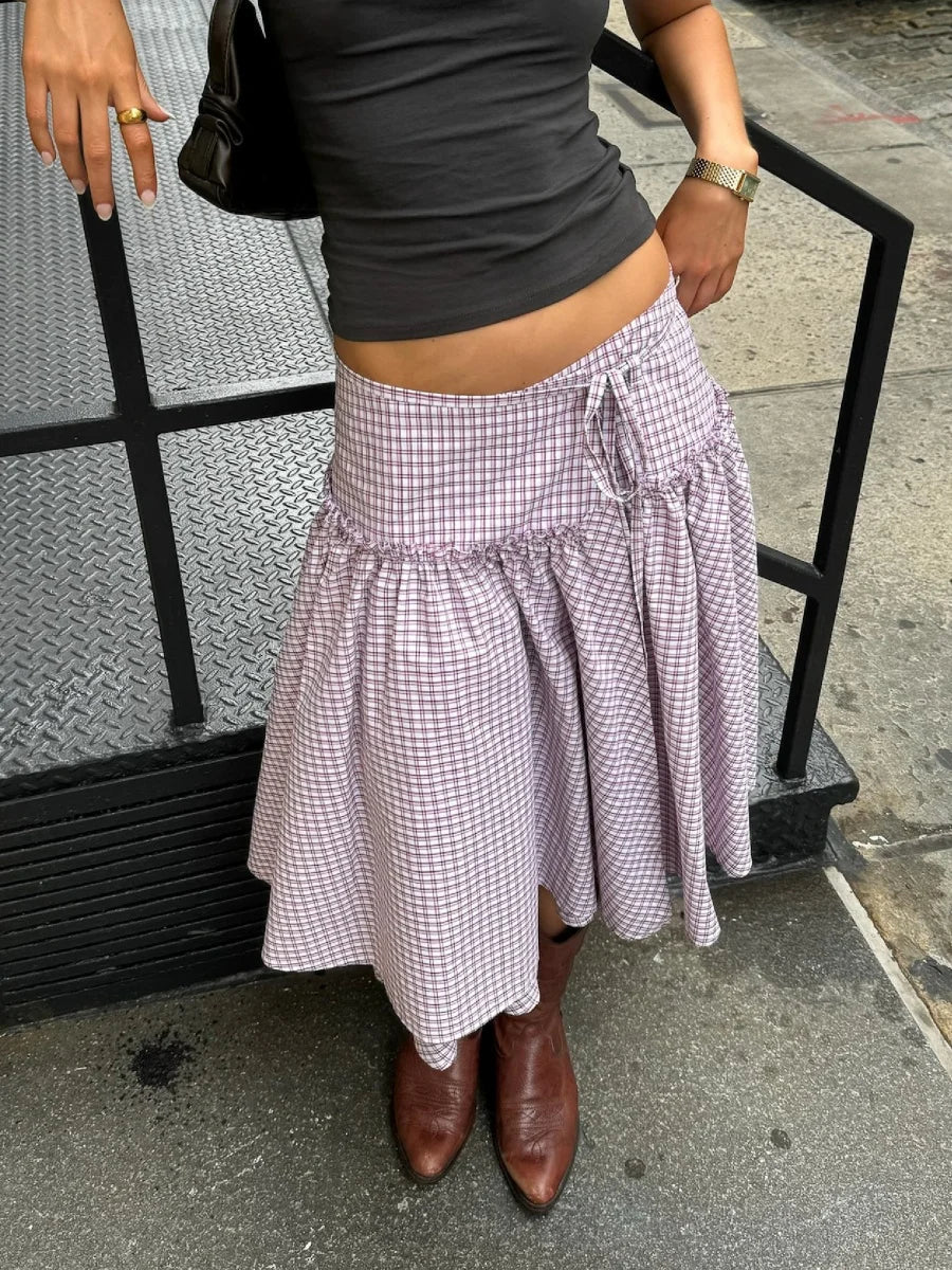 Low Rise Plaid Midi Skirt