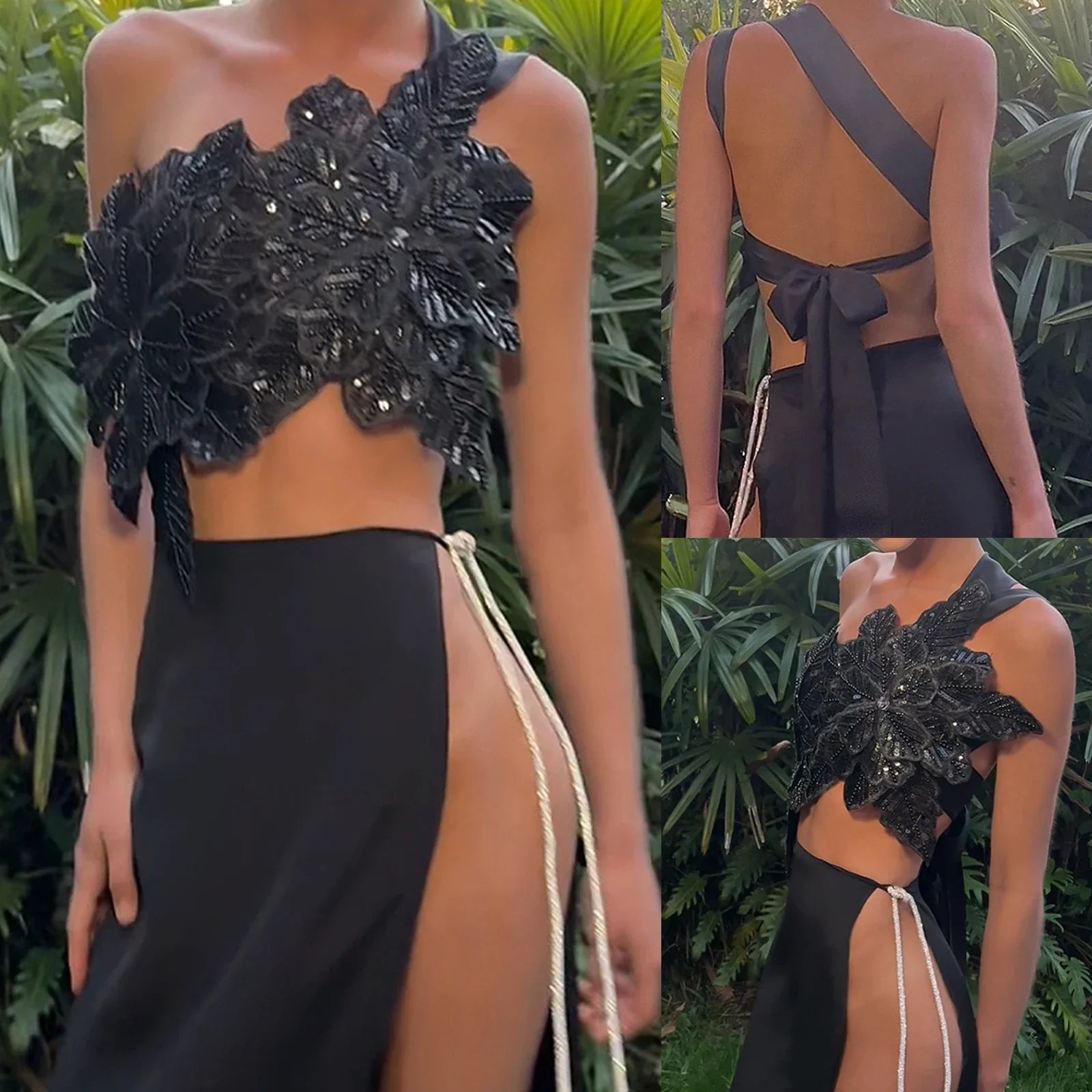 3D Layered Flower Rhinestone Bra Bow Tied  Top