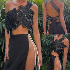 3D Layered Flower Rhinestone Bra Bow Tied  Top