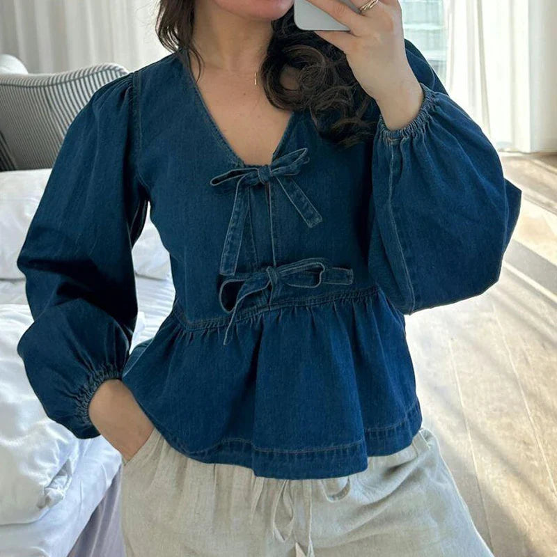 Denim Bowknot Peplum Blouse Top
