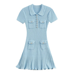 Polo Knitted Short Sleeve Single Breasted Flower Button Mini Dress
