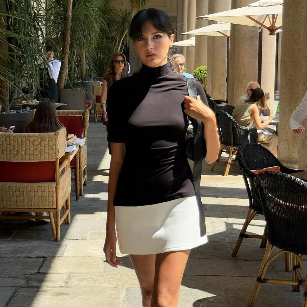 Black And White Contrast High Neck Mini Dress