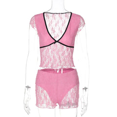 Pink Lace Crop Top And Shorts Set