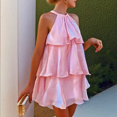 Mesh Ruffled Halter Mini Dress