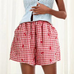Red Plaid Cherry Print High-Waist Shorts - Summer Vibe