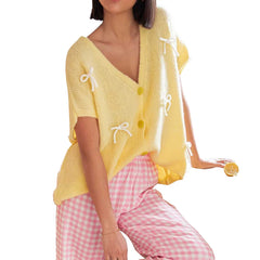 Bow V-Neck Short Sleeve Cardigan