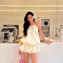 Halter Backless Top And Low Waist Ruffle Skirts Set