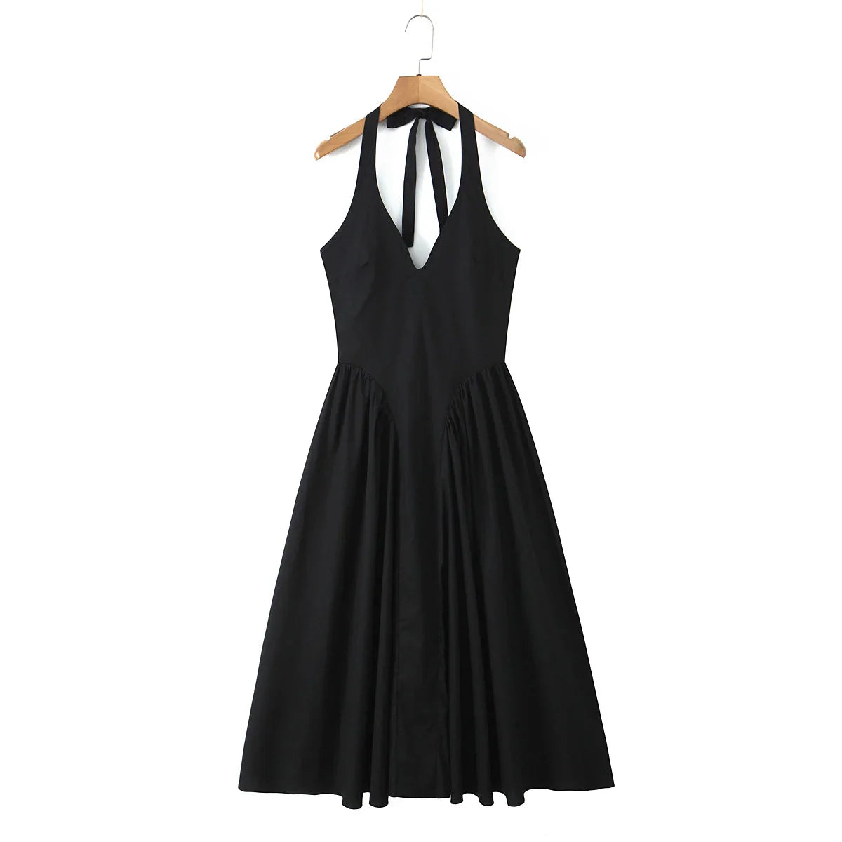 Halter Pleated Deep Neck Midi Dress