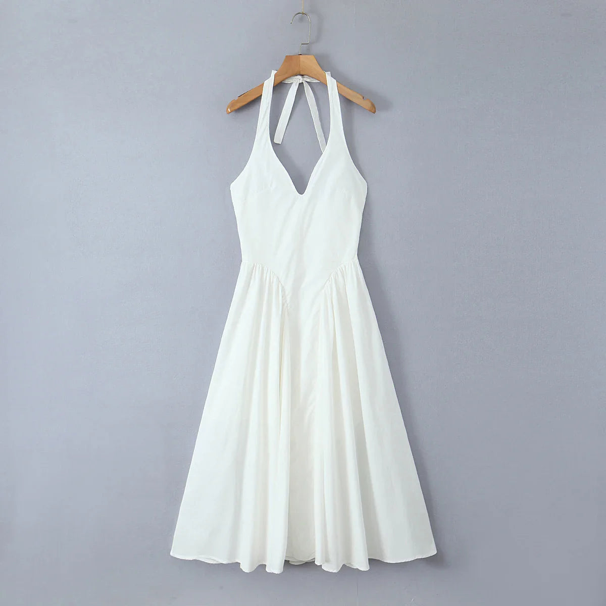 Halter Pleated Deep Neck Midi Dress
