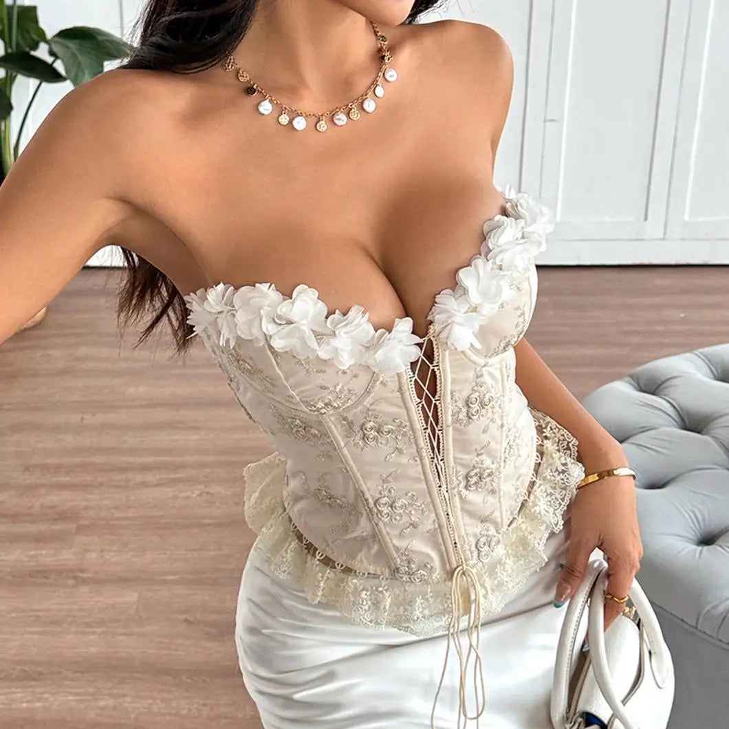 3D Flower Bandeau Cross Tie-up Corset Top