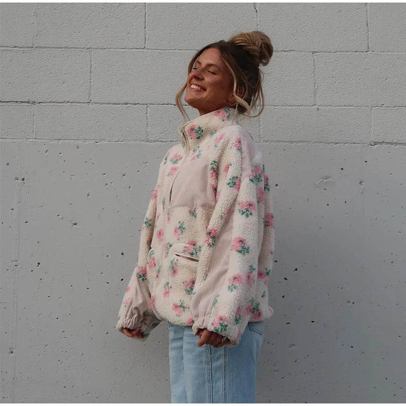 Printed Plush Zipper Short Jacket
