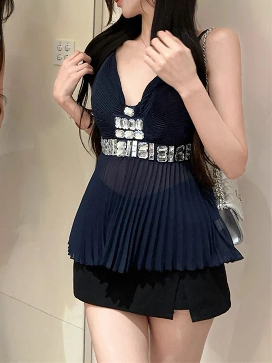Beaded V-Neck Pleated Top