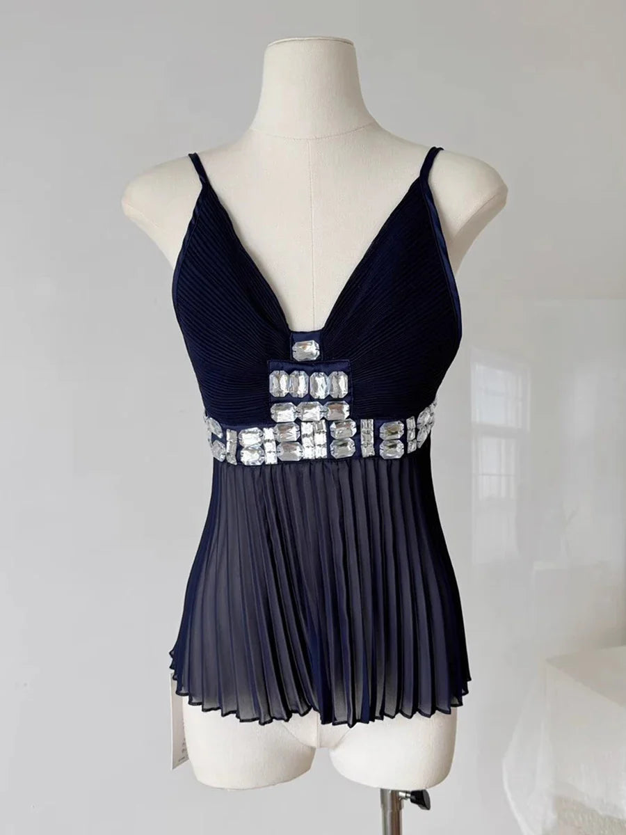 Beaded V-Neck Pleated Top