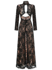 Black Lace Cut Out Long Sleeve Slit Maxi Dress