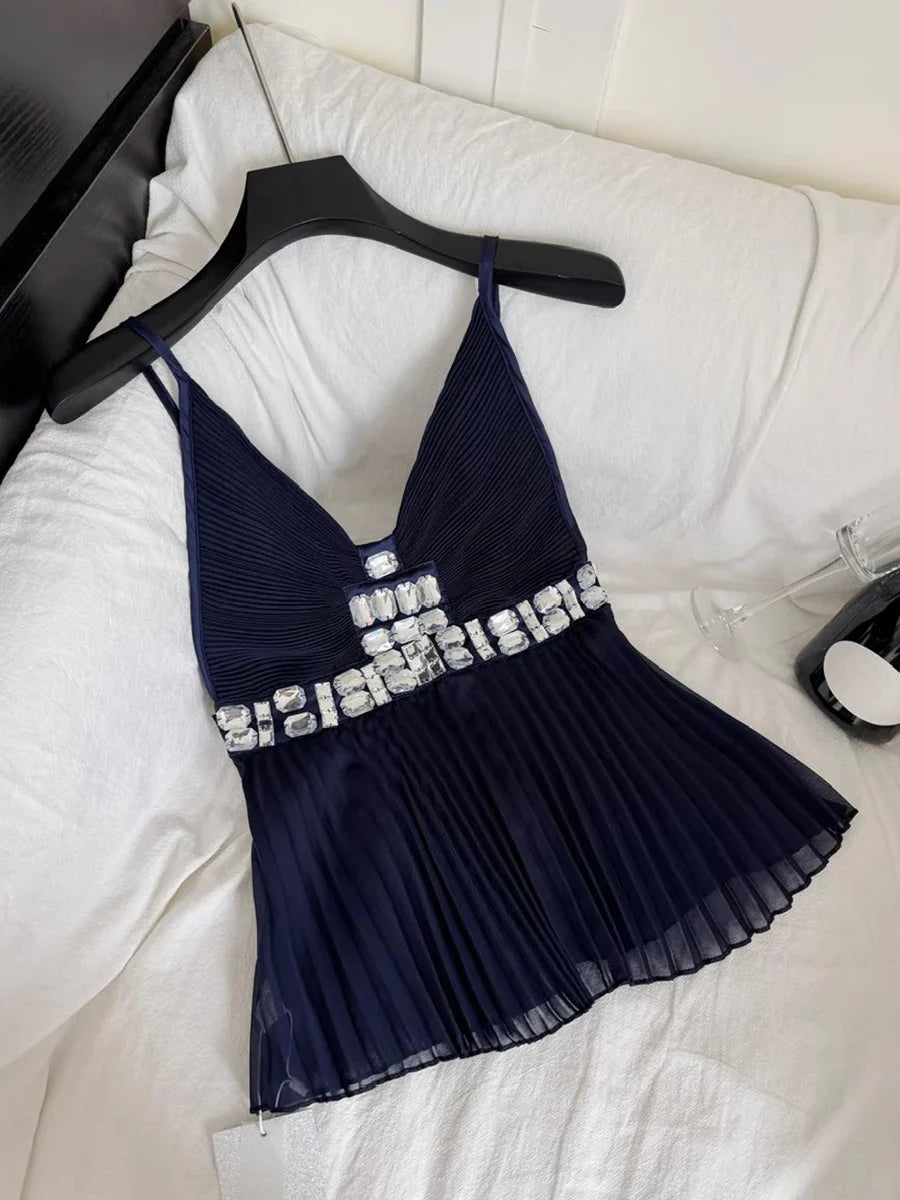Beaded V-Neck Pleated Top