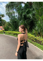 Black Halter Beaded Back Tie Up Top