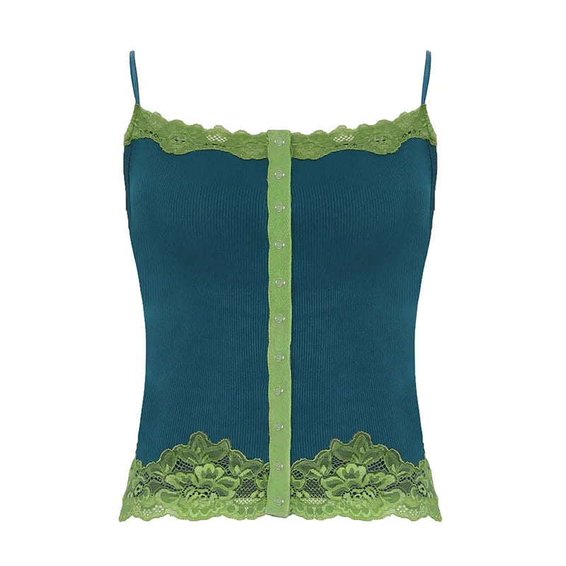 Blue Button Up Lace Trim Spaghetti Strap Crop Top