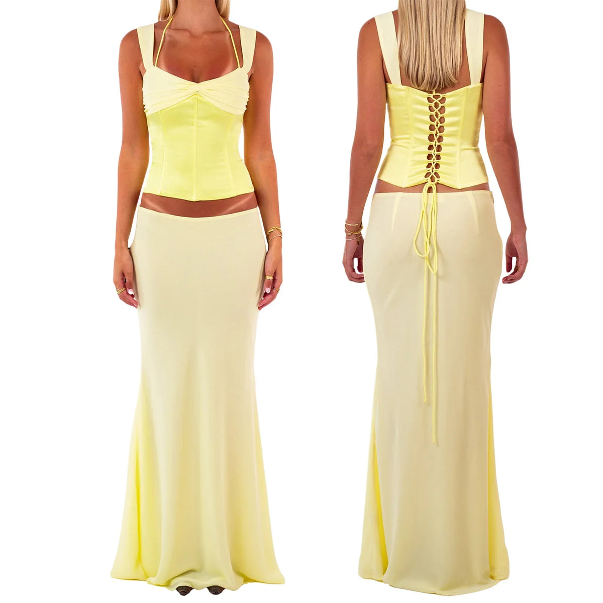 Floral Lace-up Corset Top & Mermaid Skirt Set - High Street Style