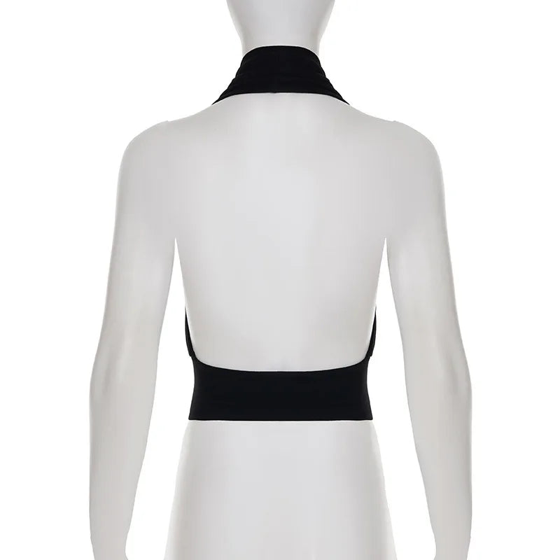 Black Halter Cowl Buttoned Crop Top