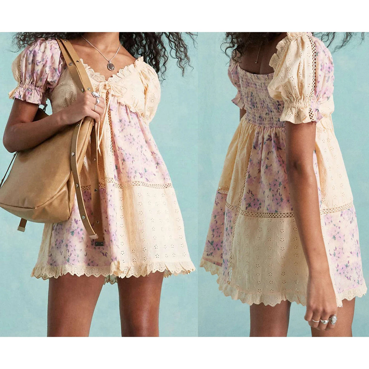 Floral Print Bow Tie Front Puff Sleeve Babydoll Mini Dress