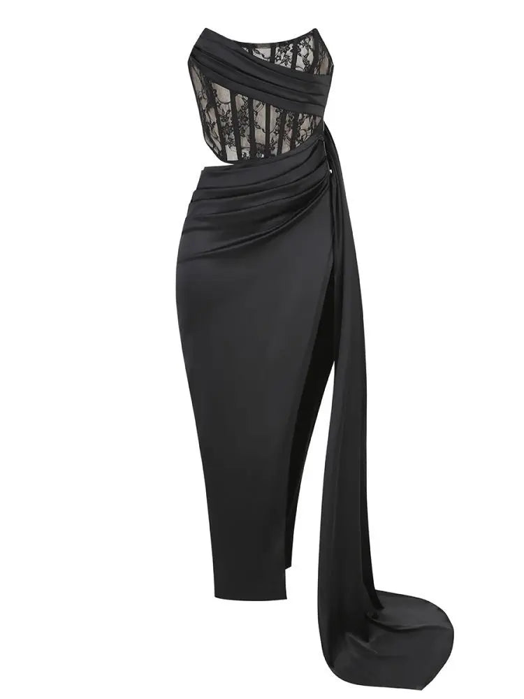 Lace Corset Cut Out Satin Draped Gloves Midi Dress
