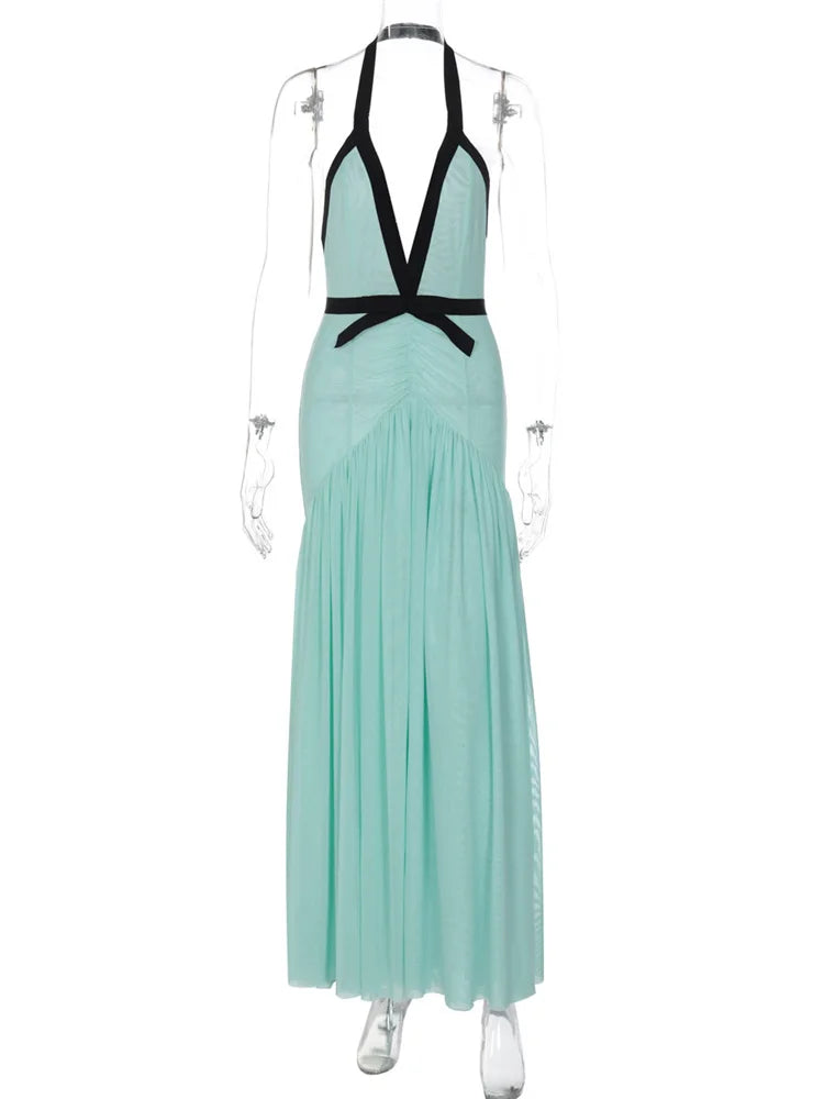 Contrast Trim Blue V-Neck Maxi Dress
