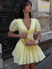 Yellow Tie-Up Puff Sleeve Mini Dress - Office Lady Slim Fit