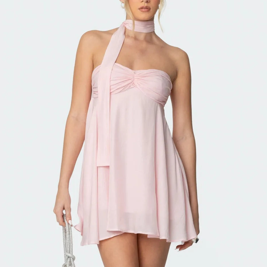 Pink Bandeau Scarf Mini Dress - Floral A-Line