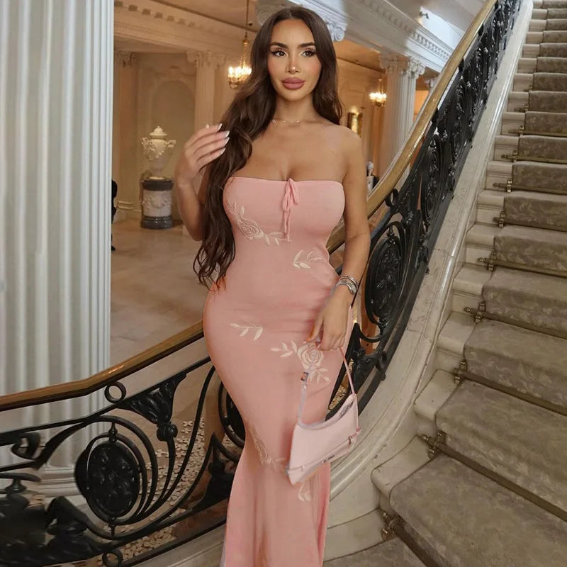 Pink Rose Embroidery Strapless Maxi Dress