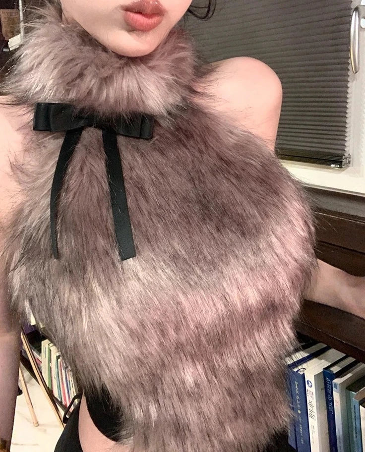 Faux Fur High Collar Sleeveless Camisole Tank Top