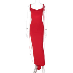 Red Tie Up Strap Open Back 3d Flower Maxi Dress