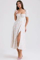 Puff Sleeves Floral Printed Midi Dress