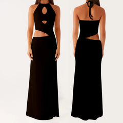 Cutout Solid Long Dress - Halter Neck A-Line